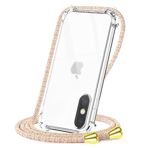 CAROKI Crossbody Case for iPhone Xs Max,Necklace Mobile Phone Cover with Cord Strap,Clear Transparent TPU Soft iPhone Cover Holder with Neck Cord Lanyard Strap-Rainbow