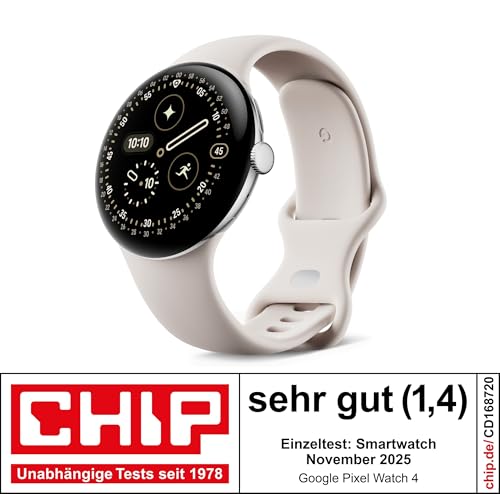 Google Pixel Watch 4 (45 mm) – Android-Smartwatch mit Gesundheits- und Fitness-Tracking und Unterstützung von Gemini – Aluminiumgehäuse in Polished Silver – Sportarmband in Porcelain – WLAN 2