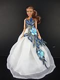 White Gown with Large Blue Applique Flowers Made to Fit the Barbie Doll