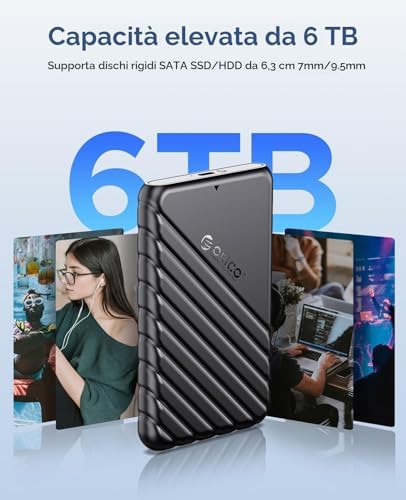 Case Esterna per HDD/SSD 2,5 pollici SATA, USB 3.1 Gen 1 (6Gbps) fino a 6 TB, Supporta UASP e TRIM, Senza Attrezzi per Unità da 7mm/9,5mm – Nero (25PW1-C)