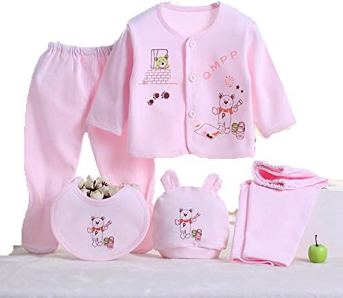 Baby Newborn 5pcs Cotton Clothing Set (Cap+Bib+Pajamas+Pants) Infant Care Gift 0-3 M (Pink)