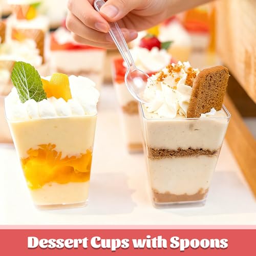 Hsxfl Pack of 50 Plastic Dessert Glasses, 150 ml Dessert Cups Plastic with Spoons, Clear Dessert Bowls, Reusable, Square Dessert Cups, Trapezoid Cups for Desserts, Pudding, Family Desserts