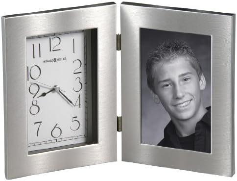 Howard Miller Lewiston Tabletop Clock, 4x6 Inch Silver & White Analog Frame with Glass Crystal, Hinged Design, Modern Sophisticated for Home Decor, Living Room & Office Decor, Quartz Movement