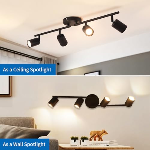ANWIO Adjustable Black Metal Swivel Spotlight with 4 GU10 Bases – Modern Design for Ceiling Light in Bedrooms, Hallways and Living Rooms (Without Bulbs).