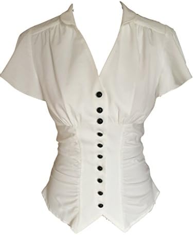 Ivory White Vintage 40s Retro Steampunk Gothic Victorian Button Gathered Blouse Top