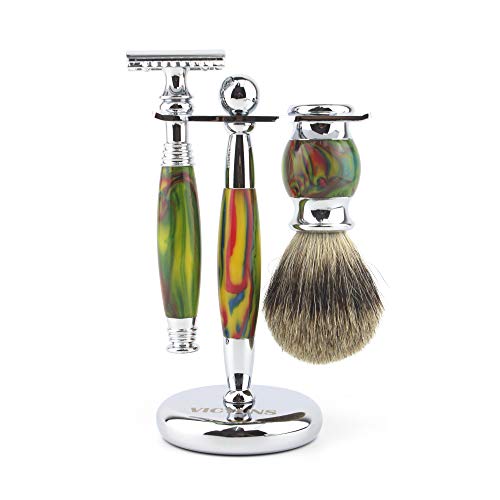 VICYUNS Luxury Grooming Shaving Set for Men Including Double-sided Razor, Allergy Shaving Soap, Stainless Steel Mirror Bowl, Hair Shaving Brush,10 Replacement Blades (Colorful)