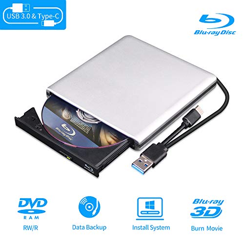 External Blu Ray DVD Drive 3D Player, USB 3.0 and Type-C Bluray CD DVD Burner Player Rewriter Reader Compatible for MacBook OS Windows xp/7/8/10,Linxus, Laptop PC (Silver-Grey) (Best External Blu Ray Burner For Mac)