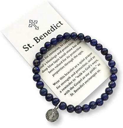St. Benedict Protection Bracelet – Stone Beads with Saint Benedict Medal Charm – Religious Catholic Faith Gift Jewelry for Women - Includes Gift Box with Bow