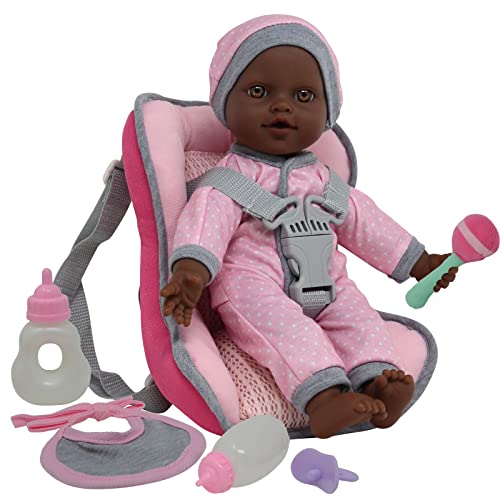 African American Doll Travel PlaySet - Baby Doll Car Seat Carrier Backpack with 12 Inch Soft Body Doll Includes Doll Bottles and Toy Accessories … (African American)