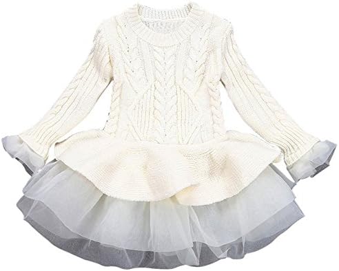 Starmisepro Kids Girls Knitted Sweater Winter Pullovers Crochet Tutu Dress Tops Clothes (110, Beige)