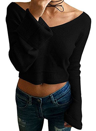 Arjungo Women's Long Bell Sleeve Crop Sweater Top Knitted V Neck Pullover Jumper Top Black