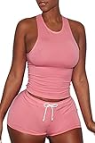 VamJump Women 2017 Fashion Sports Runway Tank Top Elastic Waist Shorts Suit L