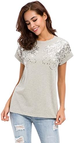MOQUEEN Womens Short Sleeve Loose Fitting Sparkle Sequins Tops Cotton T Shirts