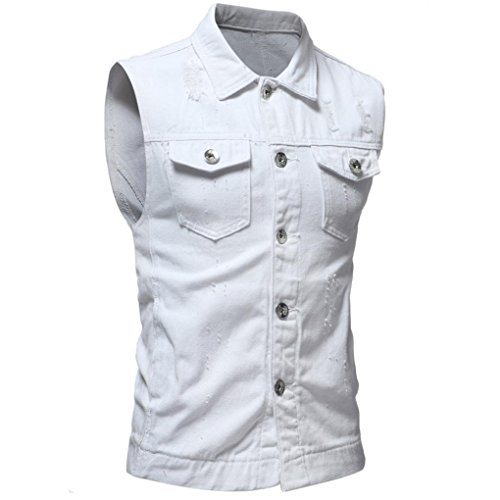 WUAI Clearance Men's Sleeveless Fashion Lapel Vintage Jeans Vest Motorcycle Jacket Waistcoat(White,US Size S = Tag M) - Thumbnail 4