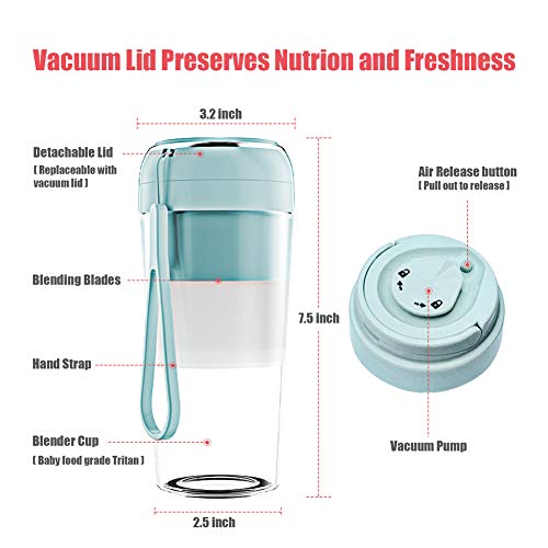 Portable Blender for shakes and smoothies with Vacuum Lid, Mini USB Rechargeable Portable Juicer Blender, Cordless Handheld Small Mini Single Serve Blender (blue)