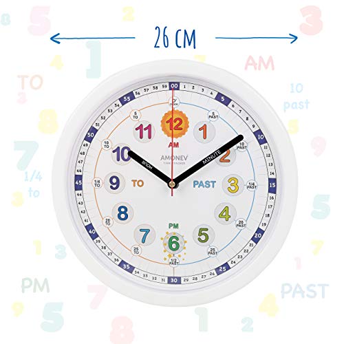 Amonev Time Teacher Clock Children Silent Wall Clock, Easy to Read