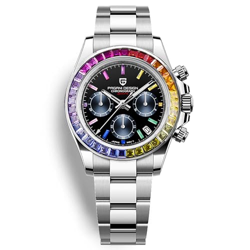 RollsTimi Pagani Design PD1644 Men’s Quartz Chronograph Watch VK63 Movement, Sapphire Crystal, Rainbow Bezel, Stainless Steel, 100M Water Resistant Sports Wristwatch