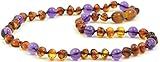 Amber Teething Necklace - Unisex - (12.6 inches (32 cm) - Cognac / Amethyst - Hand-Made from Certified Baltic Amber and Amethyst Beads {0055}