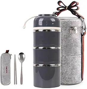 HOMESPON Lunch Box Stainless Steel Bento Box Insulated Lunch Bag Food Container Storage Boxes with Cutlery for Kids Children Teenager Adults Office School Camping (grey-3 tiers)