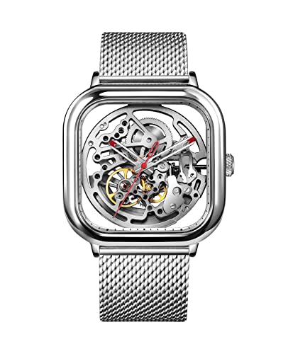 CIGA Design Automatic Mechanical Watch, Luxury Skeleton Square Business Dress Watch, Stainless Steel/Titanium Case with Silicone Strap, Gift for Men and Women