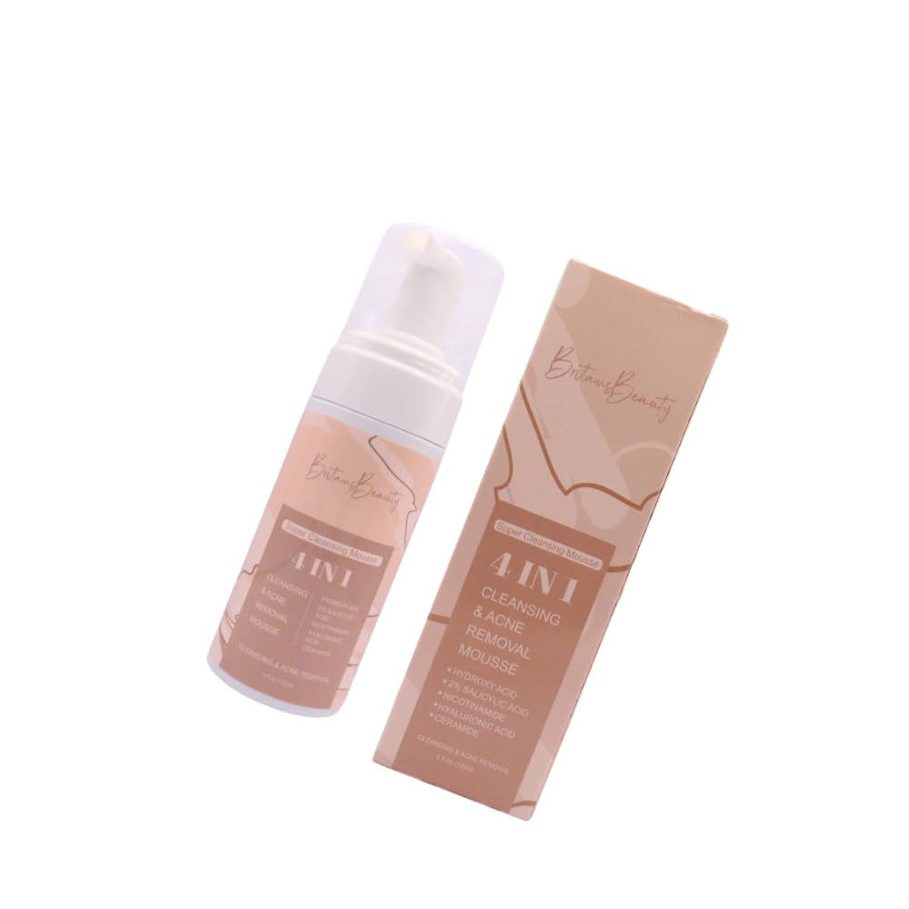 Britains Beauty 4-in-1 Facial Super Cleansing Mousse with Exfoliating Hydroxy Acid, Whitening Nicotinamide, Hydrating Hyaluronic Acid & Ceramide, For All Skin Types 120ml