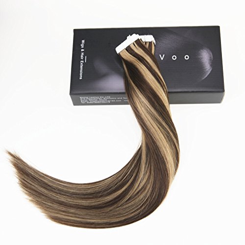 LaaVoo 18 inch Silky Straight Skin Weft Human Hair Extensions Piano Color #4 Dark Brown to Color #18 Ash Blonde PU Remy Human Hair Extension 50Grams Per Package