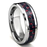RED & BLACK Carbon Fiber Inlay 8MM Men's Tungsten Metal Ring