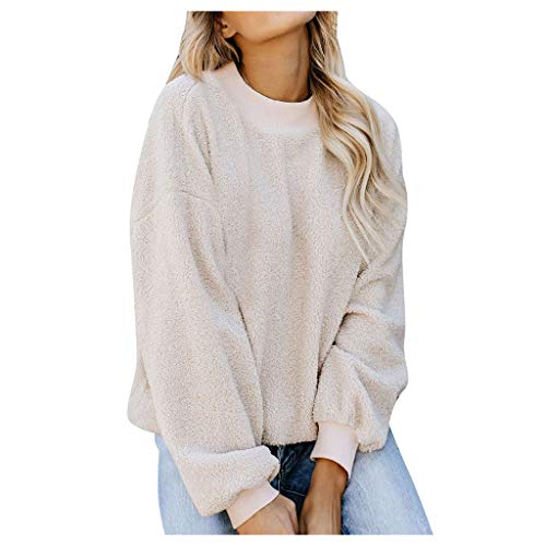 TOOPOOT Women Tops,Casual Long Sleeve O-Neck Solid Pullover Sweatshirt Fuzzy Fleece Tops Beige