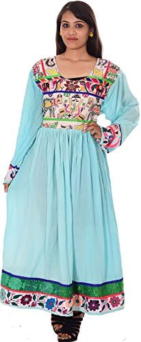 Lakkar Hawali Indian Afgani Dress Banjara Embroidered Women Sky Blue Color Plus Size Attire Outfit Gown Tunic Floral Print