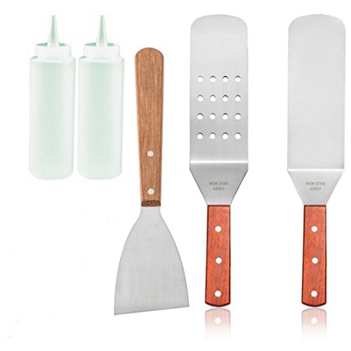 Griddle Tools Bundle, 2 Turners, 1 Scraper, 2 Bottles [5 piece set]