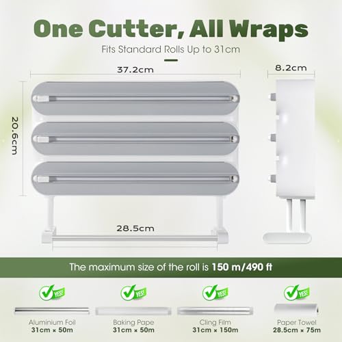 Quasziwa 4-in-1 Wall Mounted Kitchen Roll Holder - Foil Dispenser and Magnetic Aluminium, Professional Foil Paper Cutter with Removable Roll Holder - Easy to Install and Space Saving, White