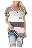 Kumer Women's V-neck Striped Casual Short Sleeve T-shirt Blouse Tees Tops