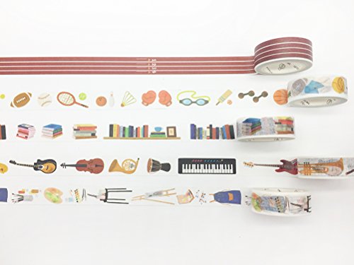 School Life Sports Ball Painting Musical Instrument Axe Track Book Washi Tape Set of 5 Rolls - Planner Decorative DIY Japanese Masking StickyWashi Tape Set(Width: 15mm)