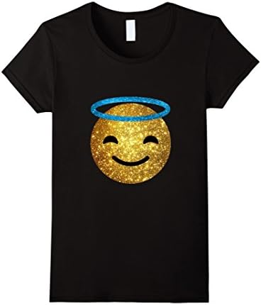 Womens Emoji Shirt - Glitter Angel Face With Halo Emoji T Shirt Large Black