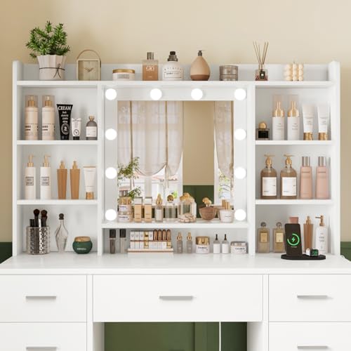 TEENFON 9 Drawers Vanity Desk with Large Mirror and 10 Lights, Makeup Vanity with Power Outlet & 9 Open Storage Shelves, 3 Lighting Modes Brightness Adjustable for Bedroom, White