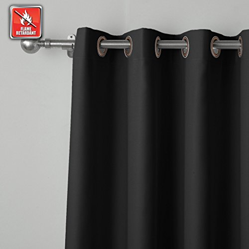cololeaf Flame Retardant Fire Resistant Curtains Thermal Insulated Blackout For Home, Kitchen, Office, Hotel, School, Cinema and Hospital- Anti-Bronze Grommet - Black 52W x 63L Inch (1 Panel) - Thumbnail 2