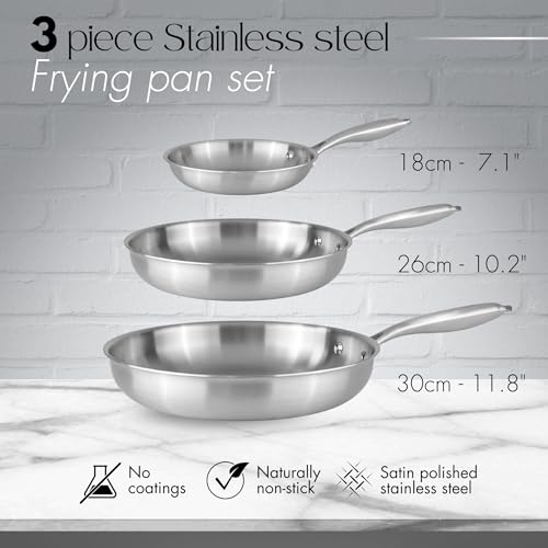 Stainless Steel Frying Pan Set – 3pcs Induction Hob Pan Set – Naturally Non-Stick Tri-Ply Stainless Steel – 18cm, 26cm & 30cm Cooking Pans – by Nuovva