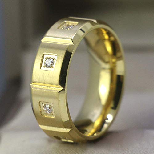 mensring Matte Yellow Gold Plated 8mm Titanium Steel Mens Ring 8pcs Cz Wedding Band Man Ring