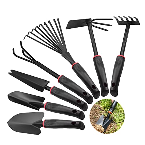 7 Stück Gartengeräte, Kohlenstoffstahl Garten Werkzeug Set mit Unkrautstecher Doppelhacke Handrechen Kleingrubber Blumenrechen Gartenkelle für Pflanzen und Gartenarbeit