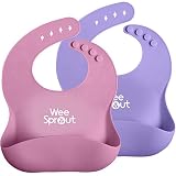 WeeSprout Waterproof Silicone Baby Bibs - Set of 2 - Quick & Easy to Clean - Silky Soft & Comfortable for Boys & Girls - Wide Pocket Stays Open & Catches Everything - Adjustable & Toddler Proof