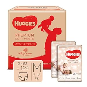 Huggies Premium Soft Pants Monthly pack, Medium (M) size baby diaper pants, 124 count