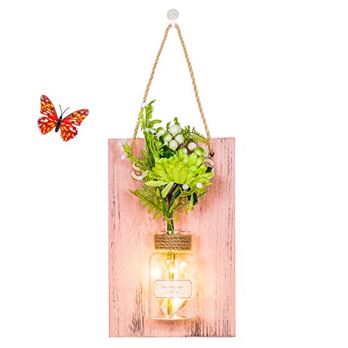 Decorative Artificial Flower Wall Decor - Rustic Wall Hanging Sconces with Mason Jars and LED Fairy Lights 1 Pack - Farmhouse Home Decor(Spring Board with Gerbera)