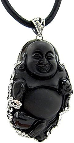 Moon Wings Obsidian Buddha Pendant with Leather Necklace, 19 inches