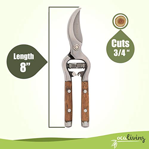 OCALiving Traditional Bypass Pruning Shears-Branch, Hedge, Shrub, Flower Clipper and Trimmer for Garden-Razor Sharp Stainless Steel Blade-Natural Wood Handles