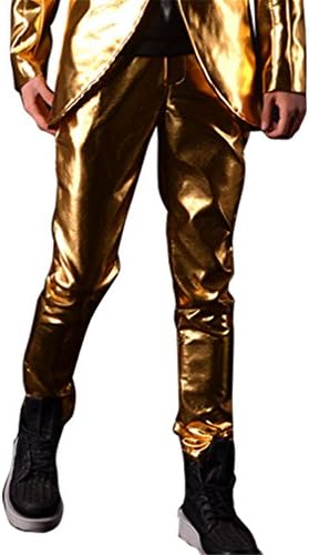 dewnkks Male Gold Dovetail Leather Casual Suit Jacket Trouser Men Blazers Coat Pants M