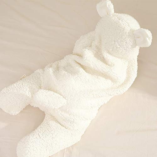 Baby Receiving Blanket, Hooded Cotton Plush Swaddle Blanket, Newborn Cute Sleeping Bag Sack Unisex Stroller Wrap for Baby Boys and Girls (White)
