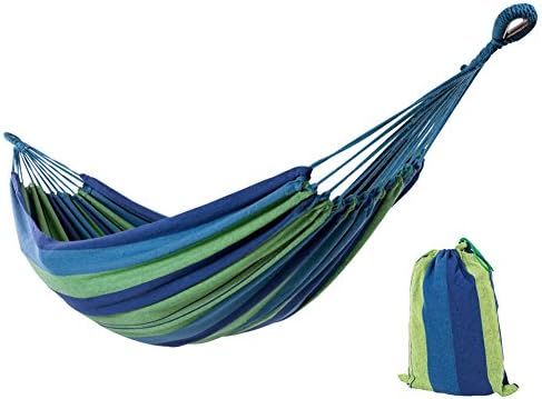 SUNCREAT Double Brazilian Wide Hammock Cotton Fabric Travel Camping Hammock with 2 Person for Indoor or Outdoor-Blue &amp; Green Stripes