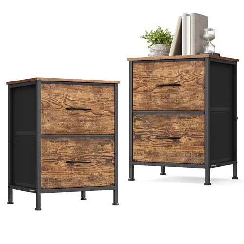 SONGMICS BELLAH Collection - Bedside Table with 2 Drawers, Side End Tables, for Bedroom, Steel, Set of 2, Industrial, Rustic Brown and Ink Black LGS112KD01