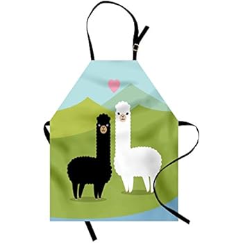 Ambesonne Llama Apron, Alpacas in Love in The Mountains Argentina Fauna Animals with Contrasting Colors, Unisex Kitchen Bib with Adjustable Neck for Cooking Gardening, Adult Size, Green Blue