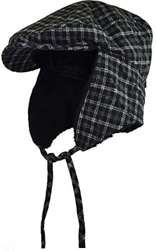 Deewang Fashion Men's Herringbone Tweed Solid Newsboy Driving Cabbie, Ivy Flat Cap (S/M, Black Plaid-Earflap)